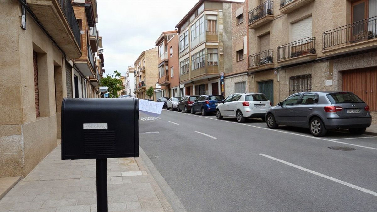 Imagen ilustrativa: calle residencial con edificios de pisos y un buzón con papeles en primer plano