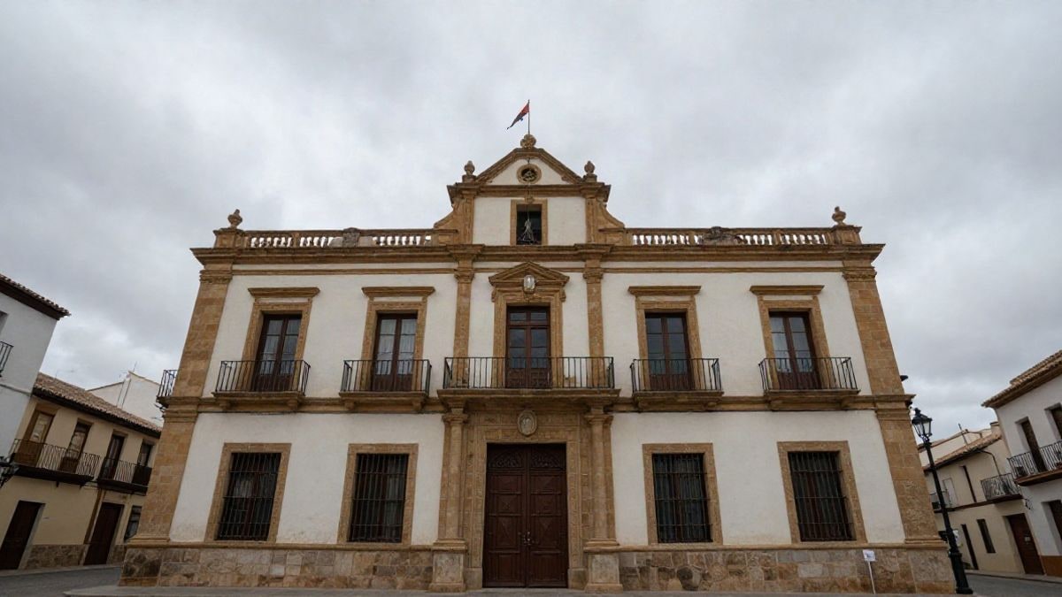 Imagen ilustrativa: ángulo bajo de una fachada de biblioteca pública con cielo nublado