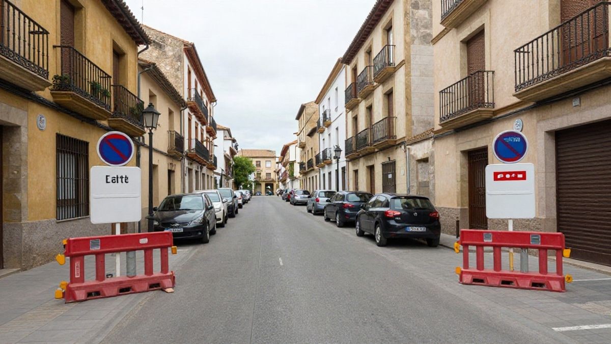 Imagen ilustrativa: calle de un pueblo español cortada al tráfico con barreras y señales, sin personas.