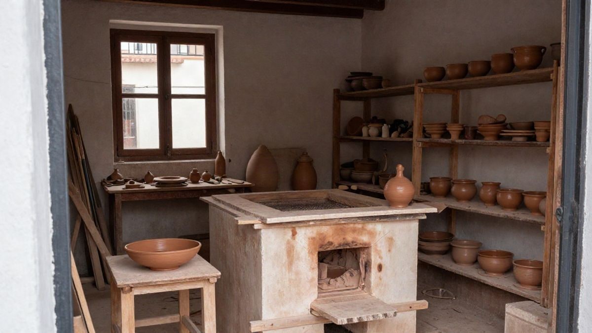 Imagen ilustrativa: interior de un taller de cerámica tradicional con horno de leña y piezas de barro