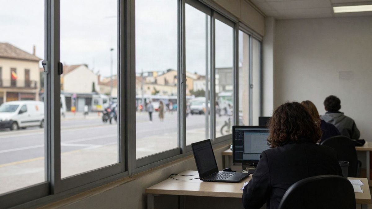 Imagen ilustrativa: oficina portuaria con ventana lateral y vistas a un puerto genérico