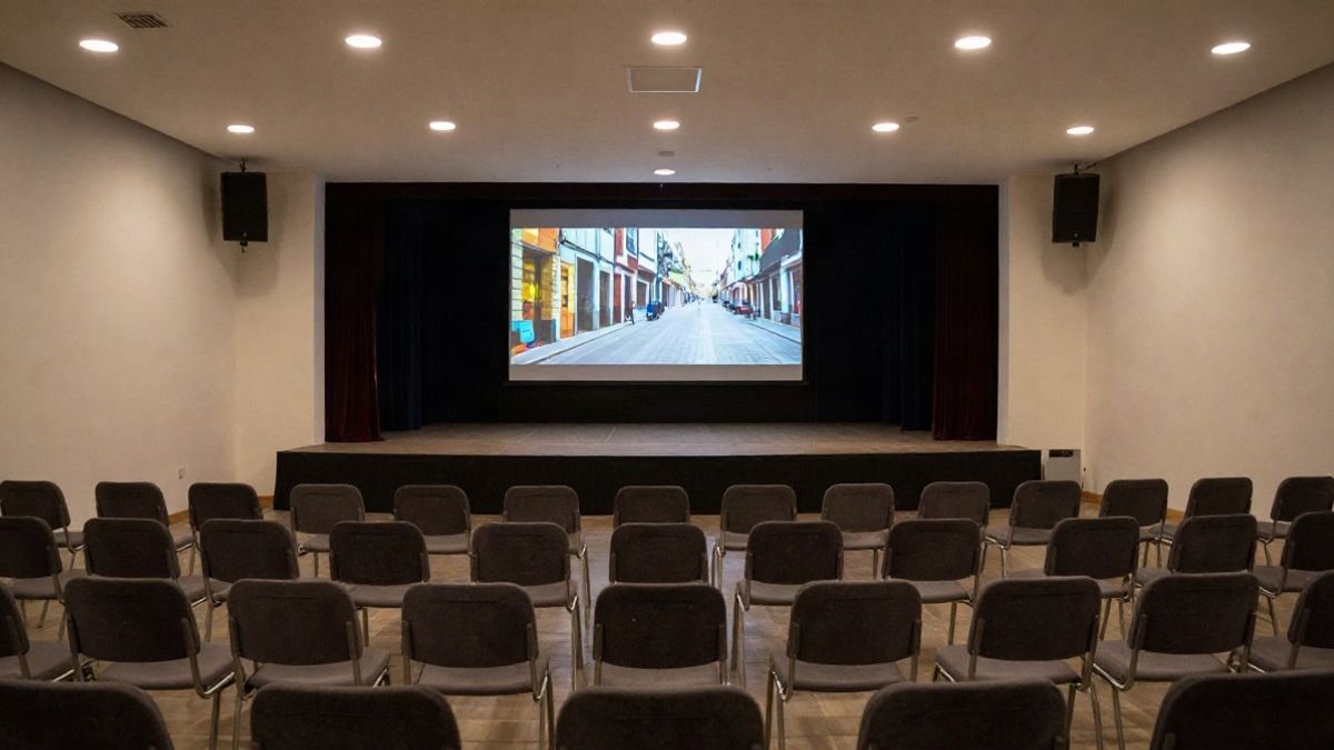 Imagen ilustrativa: sala de un centro cultural vacía con sillas y una pantalla para proyecciones.