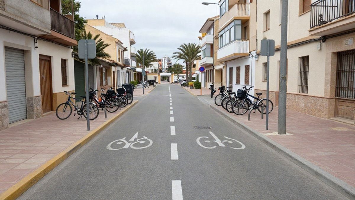 Imagen ilustrativa: carril bici urbano con líneas que convergen hacia la entrada de un parque público genérico