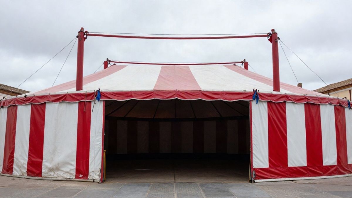 Imagen ilustrativa: entrada de una carpa de circo al aire libre con cielo nublado