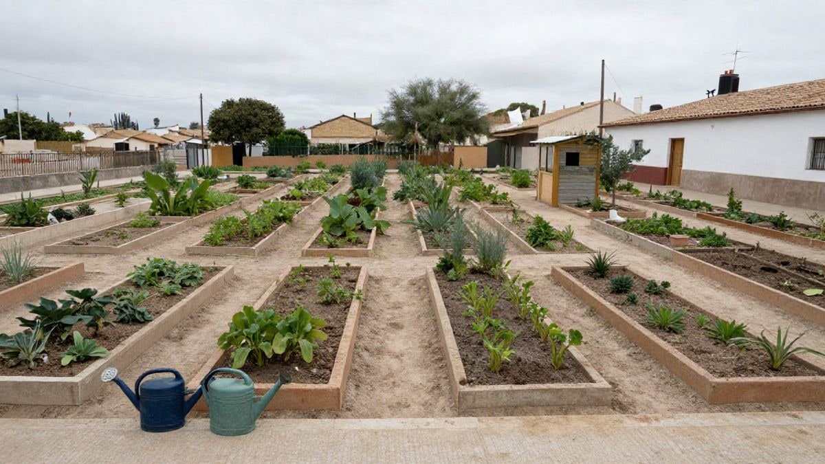 Imagen ilustrativa: huerto comunitario con bancales alineados y aperos de jardinería en primer plano