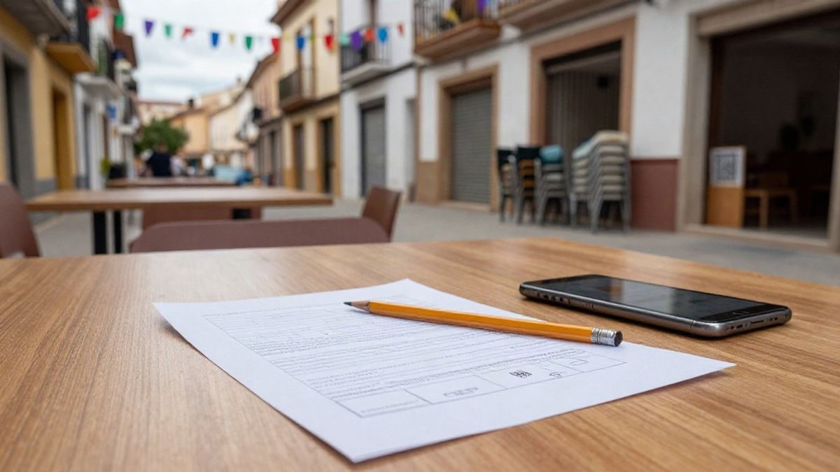 Imagen ilustrativa: un formulario en papel con un lápiz sobre una mesa de madera y un teléfono móvil con un código QR al lado, en un centro cívico con decoración festiva al fondo.