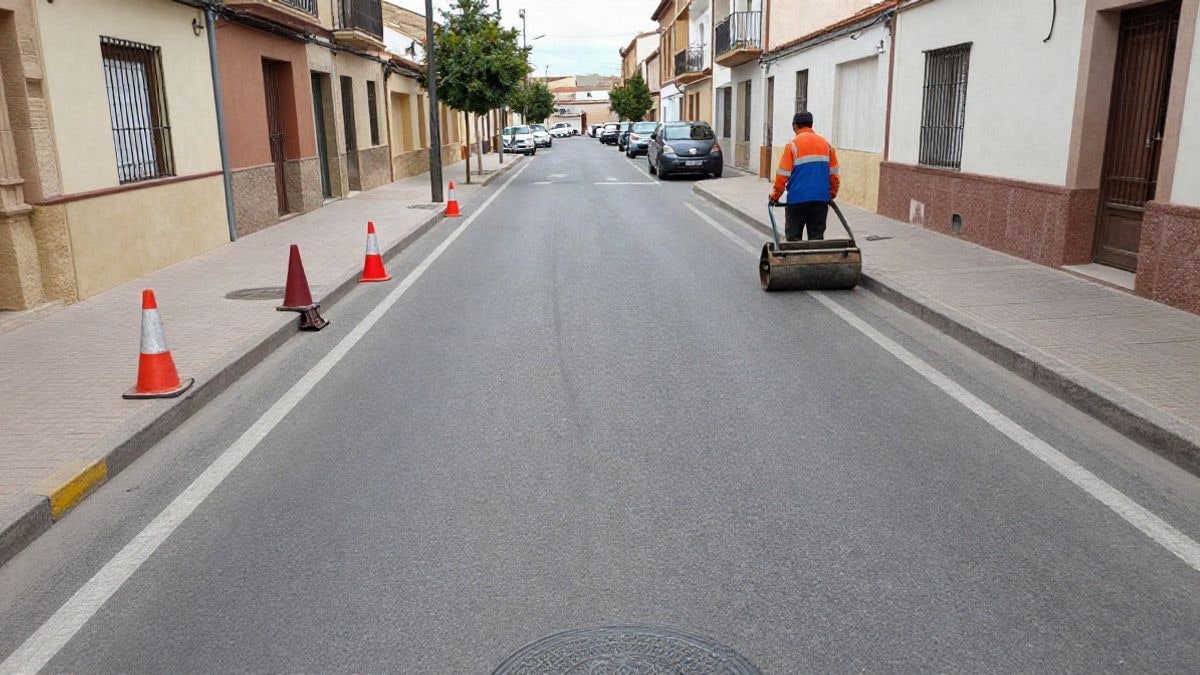 Imagen ilustrativa: calle residencial con asfalto recién extendido, conos y una máquina compactadora en el arcén