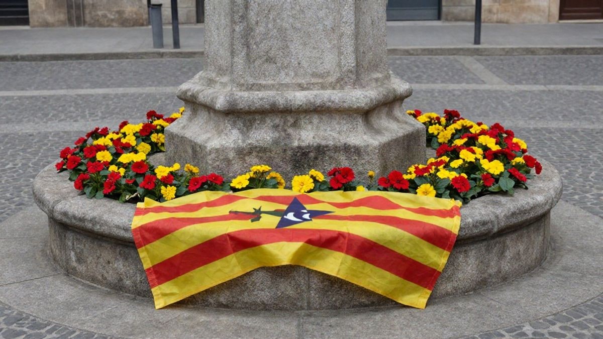 Imagen ilustrativa: ofrenda floral con lazos amarillos y rojos sobre un pedestal de piedra en una plaza empedrada.