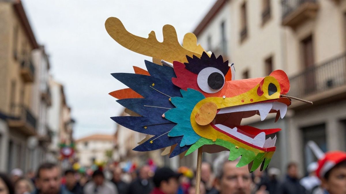 Imagen ilustrativa: primer plano de una cabeza de dragón de cartón piedra de una fiesta popular catalana