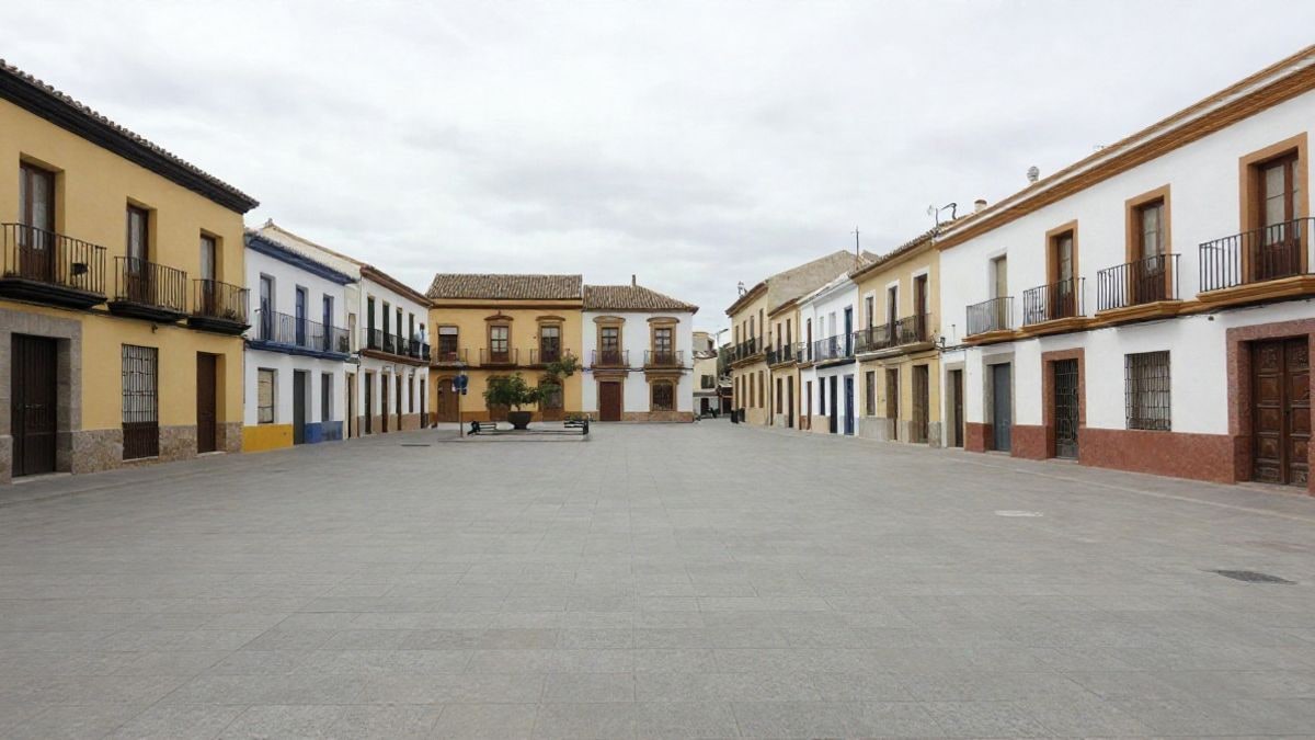 Imagen ilustrativa: gran angular de una plaza mayor vacía con fachadas y líneas que convergen