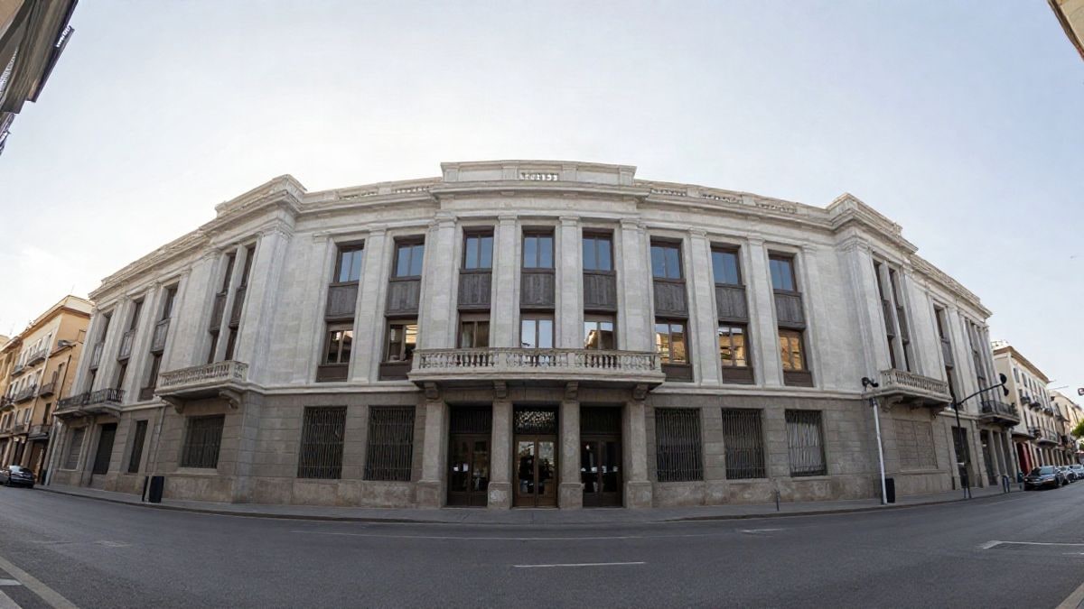Imagen ilustrativa: fachada de un edificio institucional moderno vista desde la calle con el cielo despejado al fondo