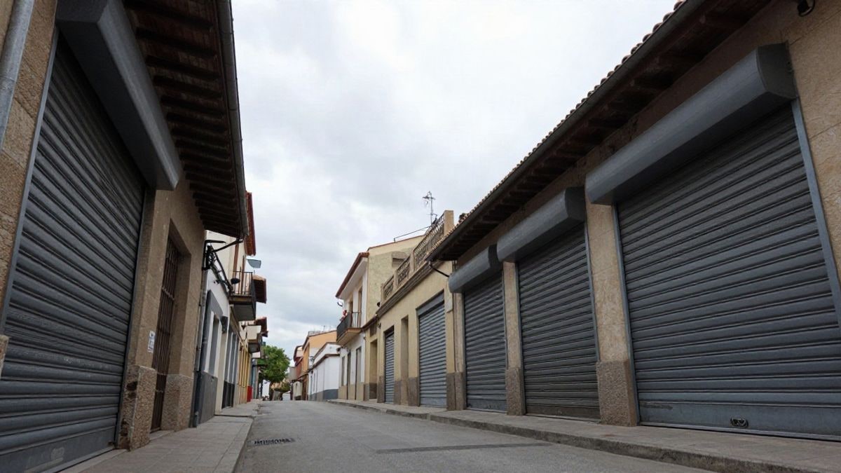 Imagen ilustrativa: calle vacía con persianas metálicas bajadas y cielo nublado