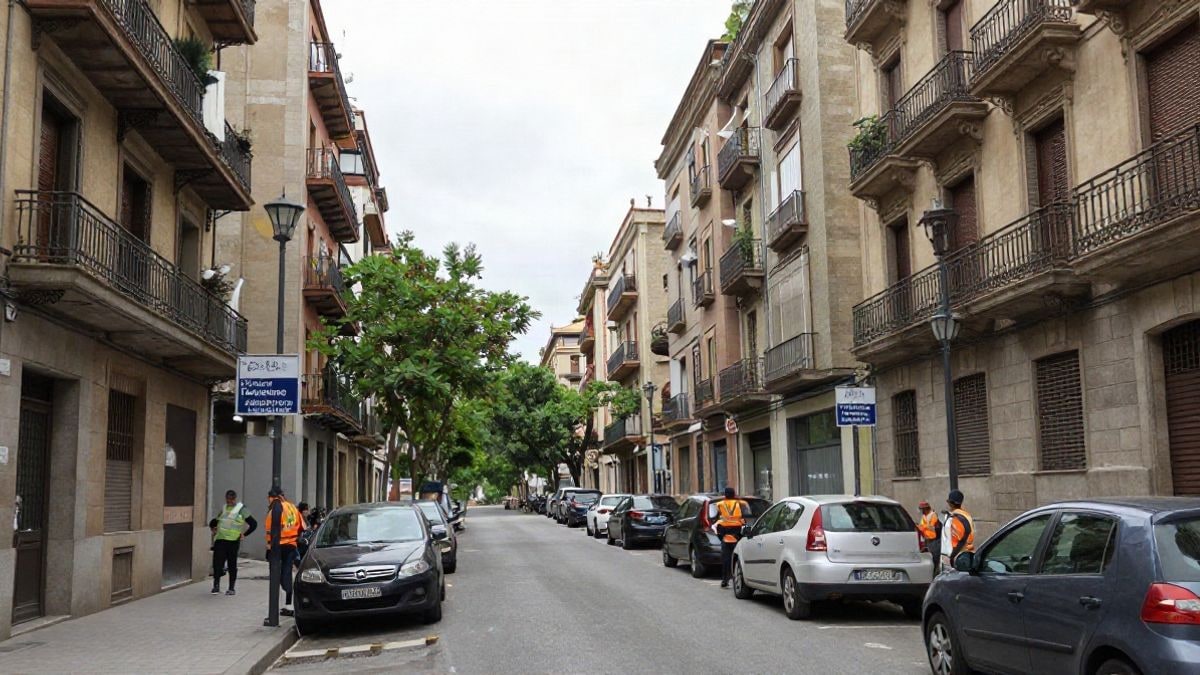 Imagen ilustrativa: calle residencial de Barcelona con edificios de apartamentos y andamios, sin personas reconocibles.