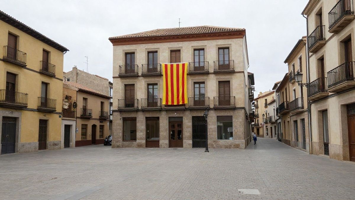 Imagen ilustrativa: bandera catalana colgada en el balcón de un edificio municipal genérico en una plaza.
