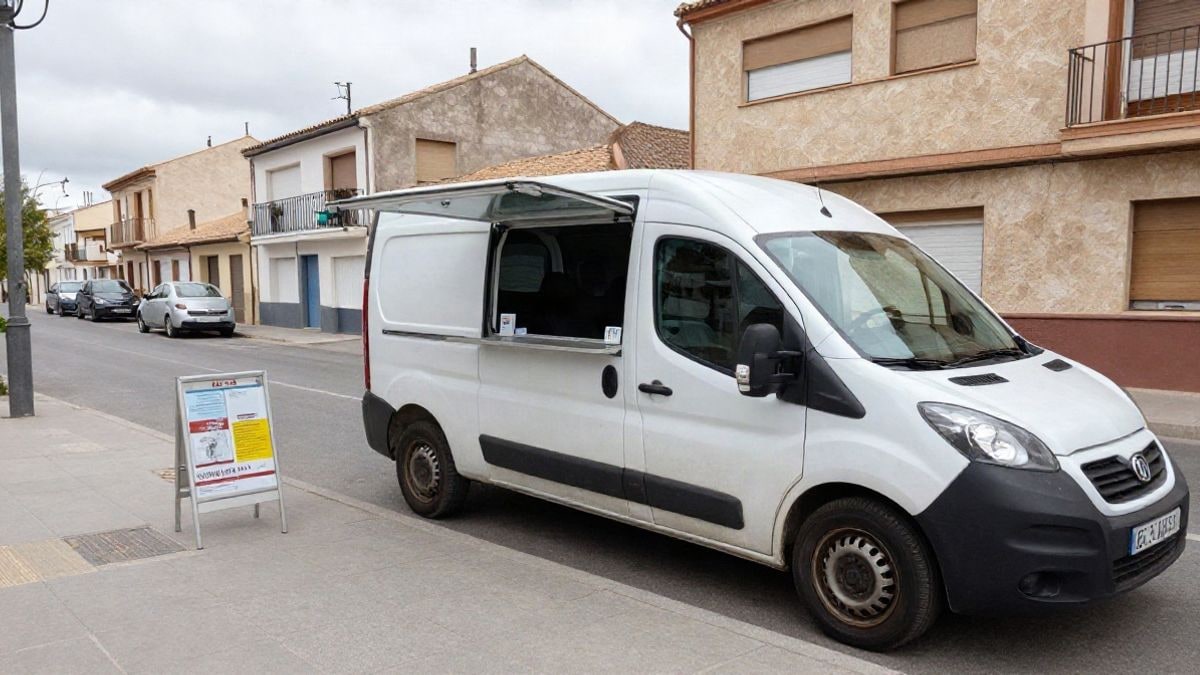 Imagen ilustrativa: una furgoneta de oficina móvil aparcada en una calle residencial con un mostrador abierto al público